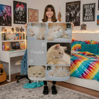 Person holding a blanket with cat photos and the name 'Pumpkin' in a living room.