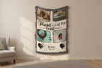 Personalized blanket with images of a lion, dog, and child, with text and paw prints, against a natural background.