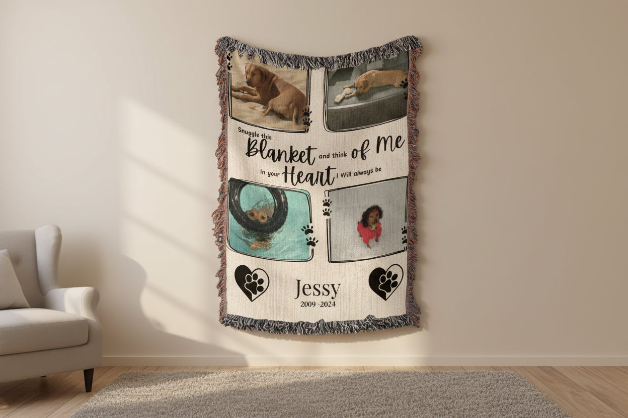 Personalized blanket with images of a lion, dog, and child, with text and paw prints, against a natural background.