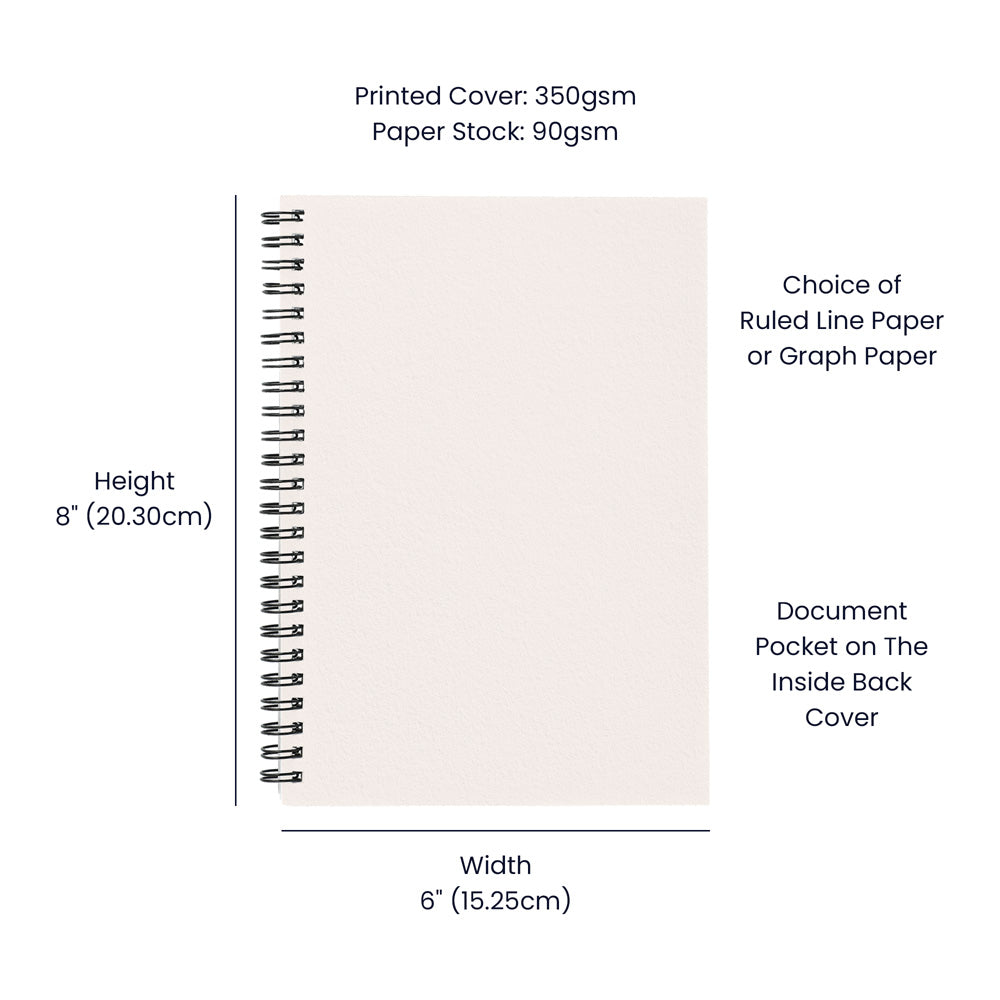 Spiral-bound notebook with specifications on paper stock, dimensions, and features.
