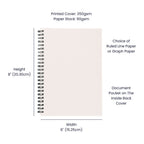 Spiral-bound notebook with specifications on paper stock, dimensions, and features.