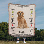 Blanket with a Golden Retriever illustration and text about dog traits and name 'Baily' in an outdoor setting.