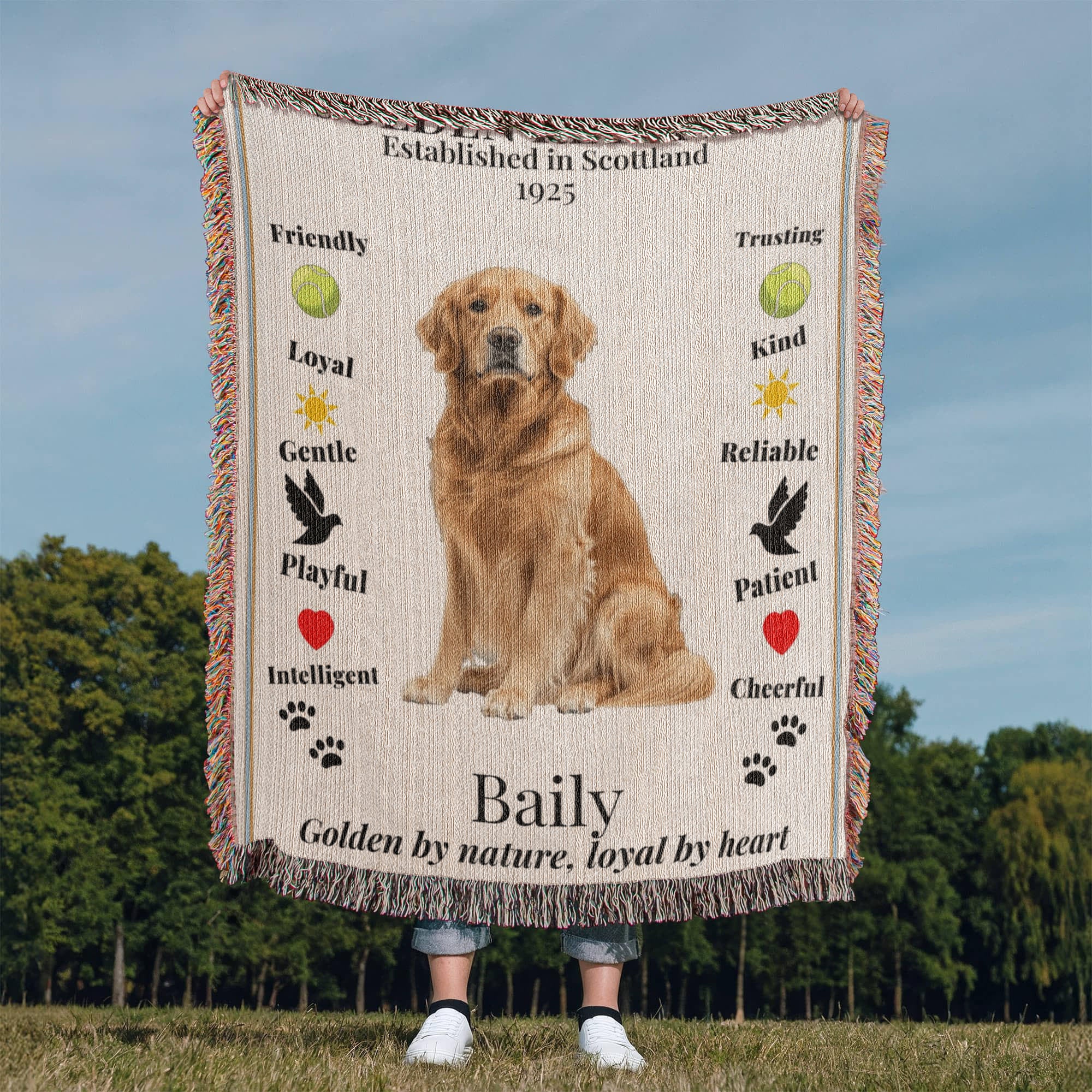 Blanket with a Golden Retriever illustration and text about dog traits and name 'Baily' in an outdoor setting.