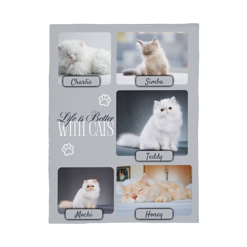 Personalized Multi-Cat Photo Blanket - Custom Cat Collage Fleece Blanket - 2-5 Cats Names & Photos