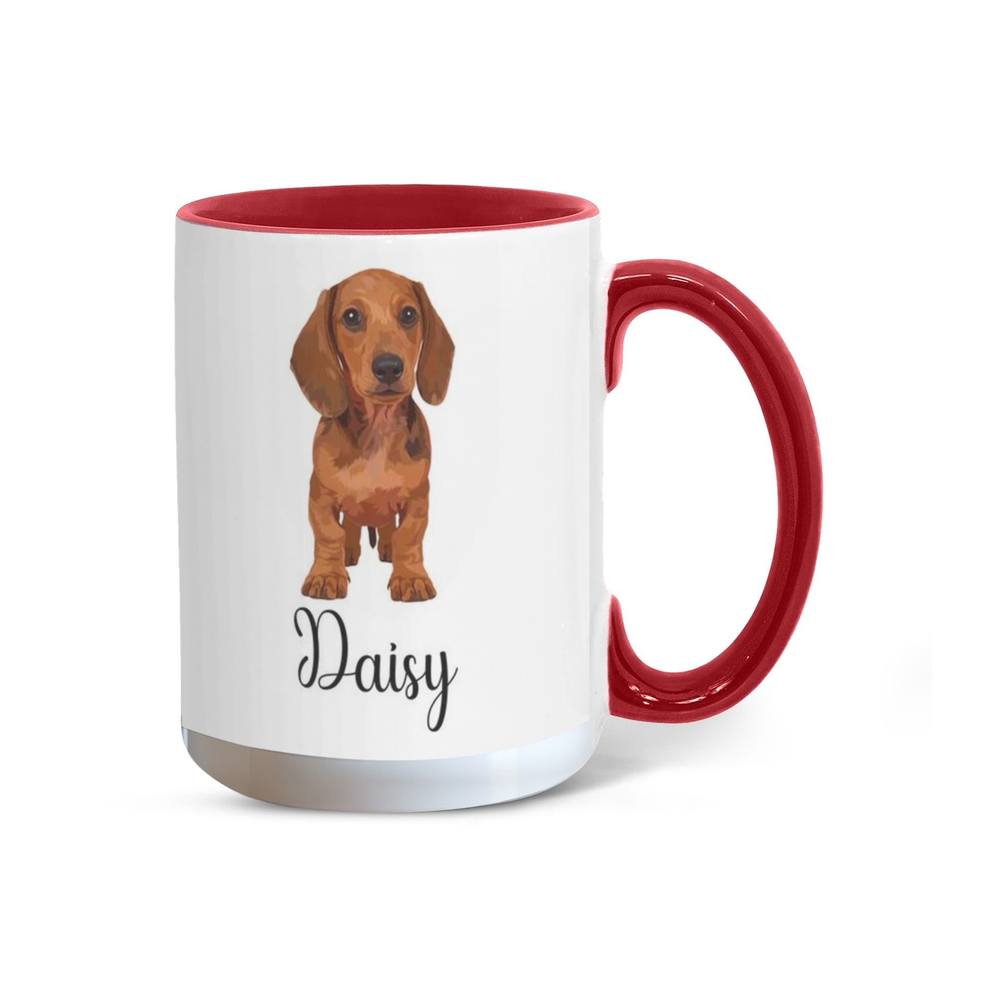 Mug with a dachshund illustration and the name 'Daisy' on a white background