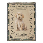 Blanket with a Labrador Retriever puppy design and text on a beige background.Personalize your woven blanket with your favorite picture of your Lab and their name.