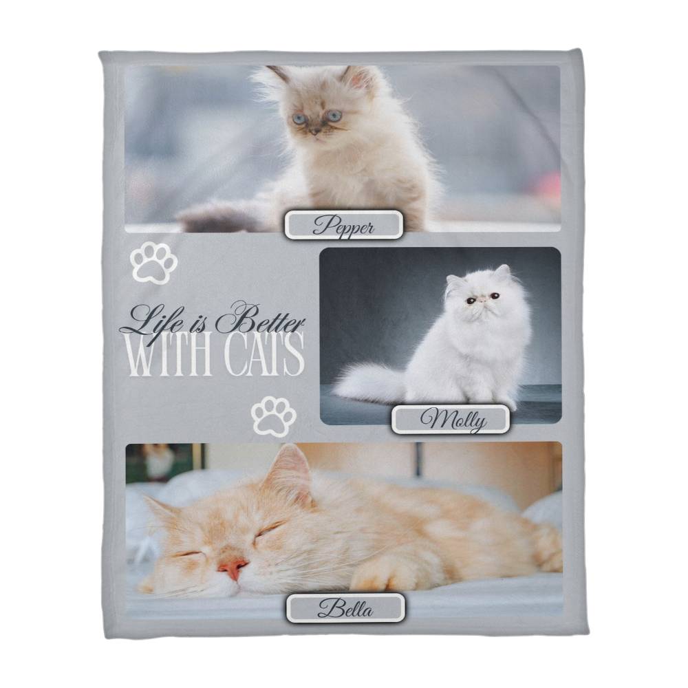 Personalized Multi-Cat Photo Blanket - Custom Cat Collage Fleece Blanket - 2-5 Cats Names & Photos