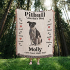Woven Blanket with a Pitbull design and text in a forest setting