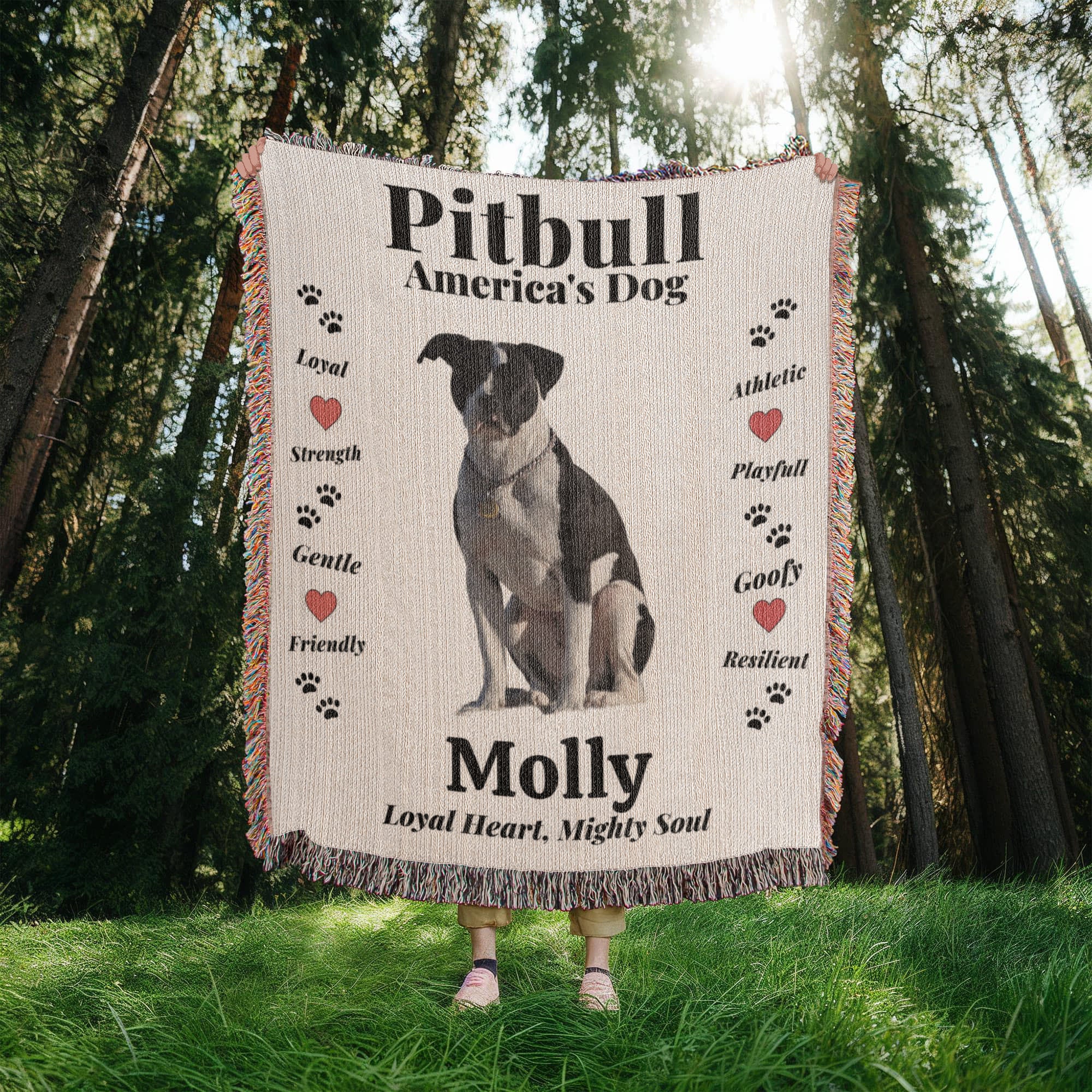 Woven Blanket with a Pitbull design and text in a forest setting