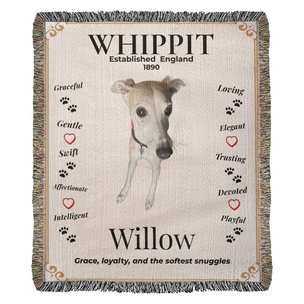 Blanket with a whippet illustration and text about the breed on a beige background.  Personalize your Whippit woven blanket with your favorite photo and your dog's name.