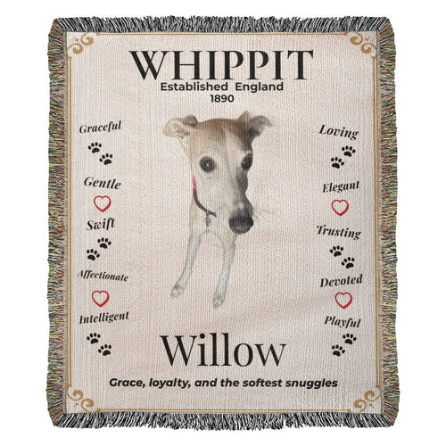 Blanket with a whippet illustration and text about the breed on a beige background.  Personalize your Whippit woven blanket with your favorite photo and your dog's name.