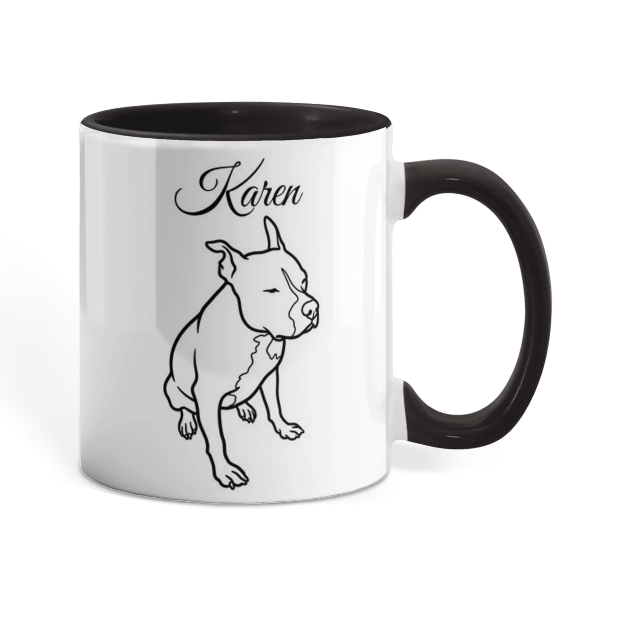 Mug with a dog illustration and 'Karen' text on a white background