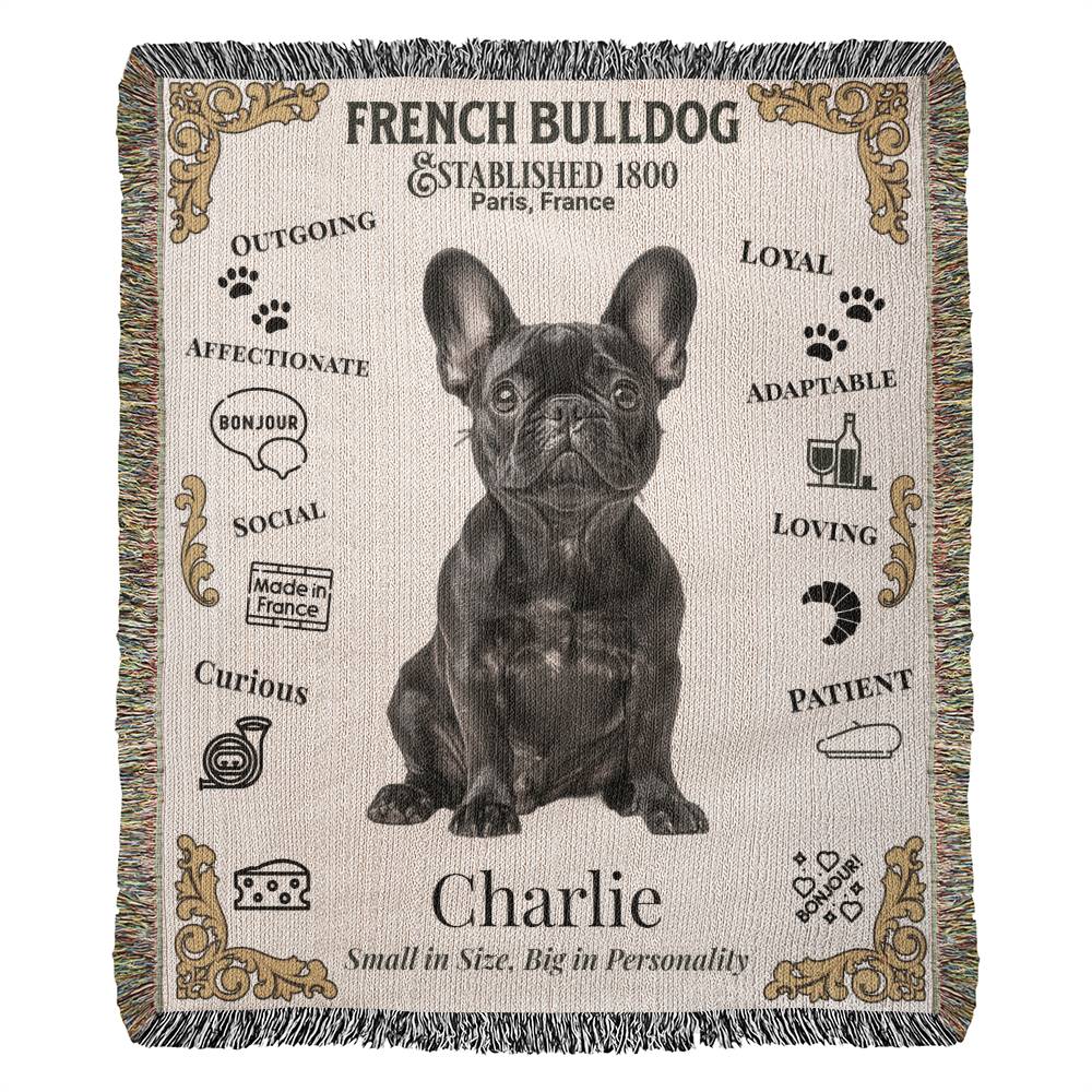 Woven blanket with a French Bulldog illustration and text on a beige background.Personalized with your Frenchie's Name and photo,