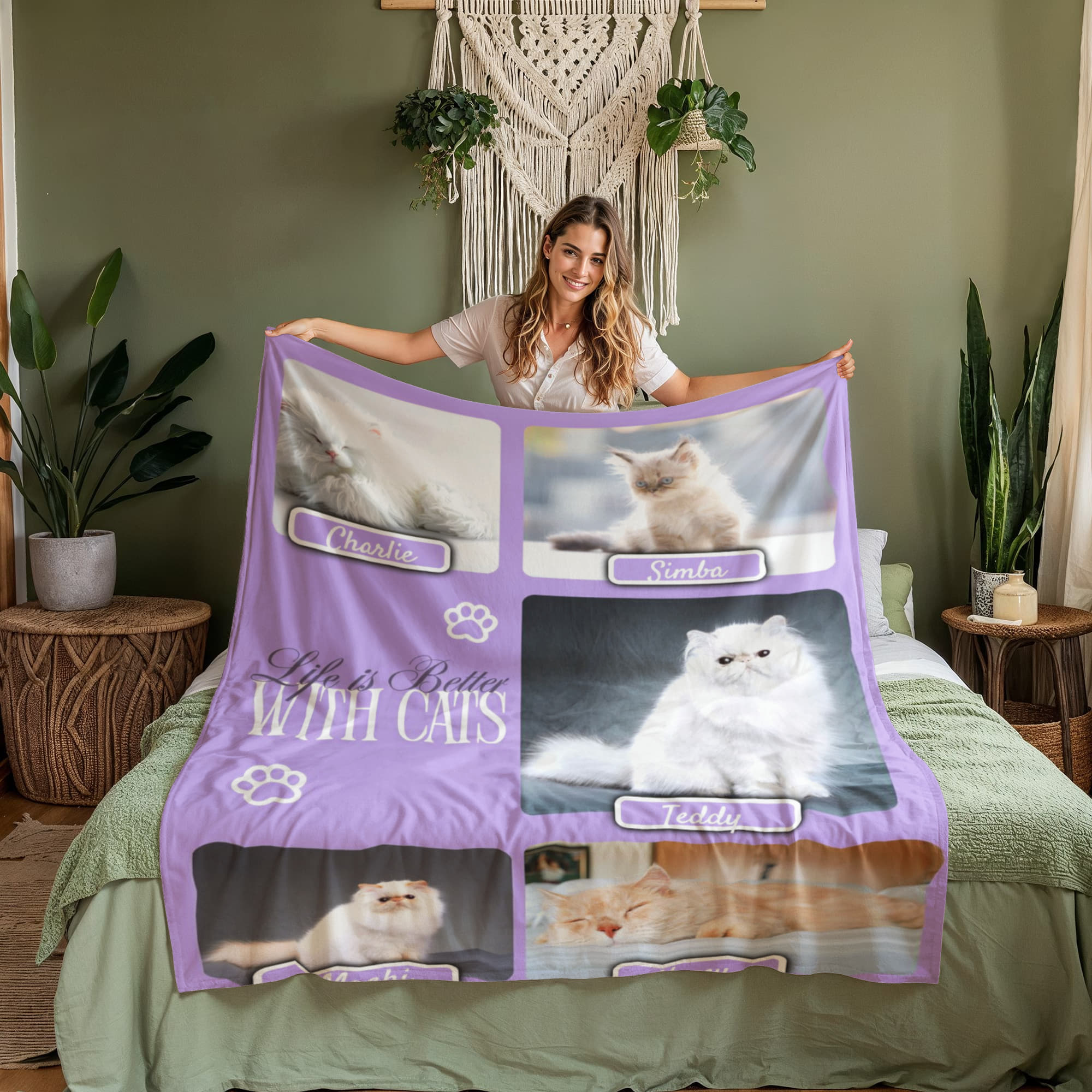 Personalized Multi-Cat Photo Blanket - Custom Cat Collage Fleece Blanket - 2-5 Cats Names & Photos