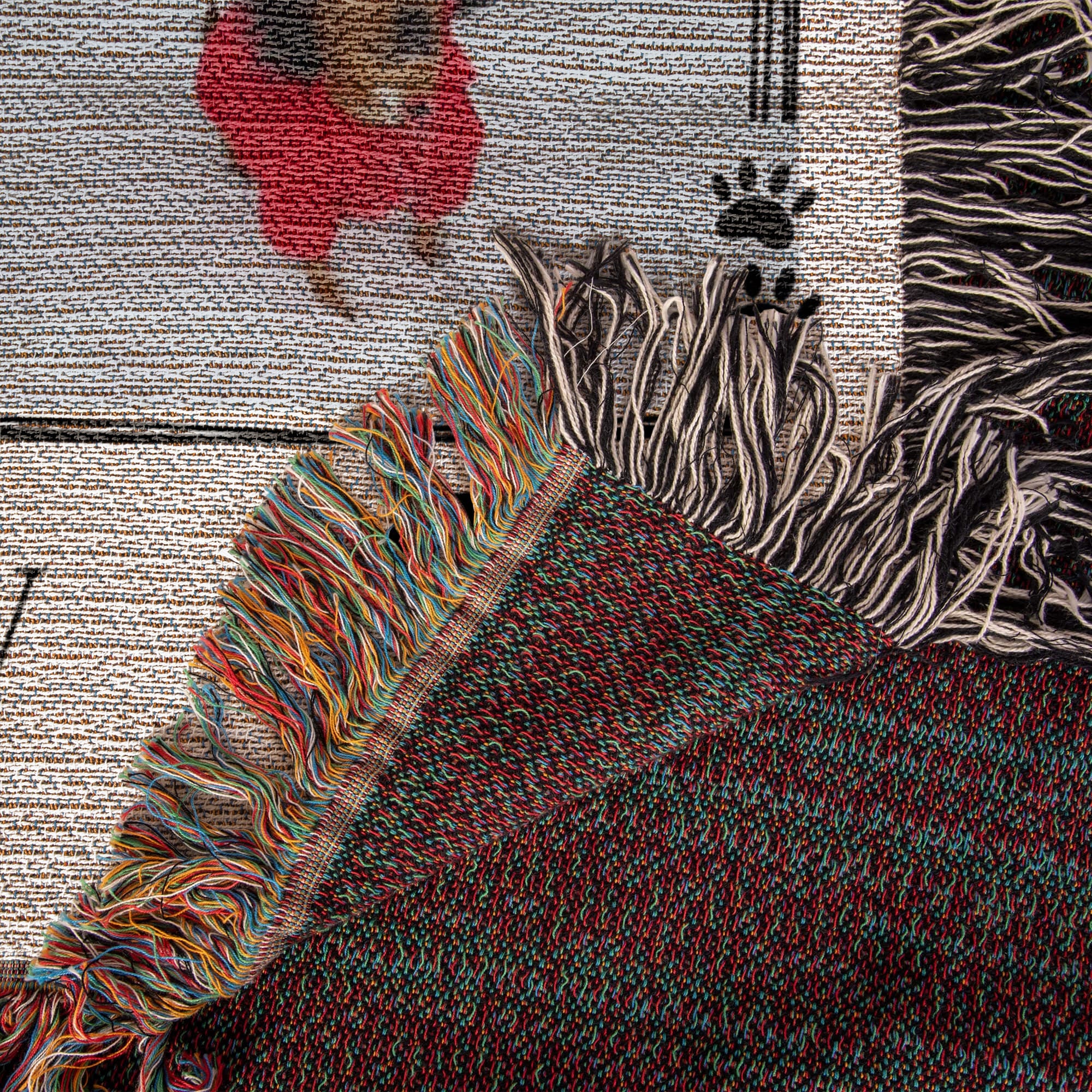 Close-up of a textured rug with colorful fringe and paw print design.