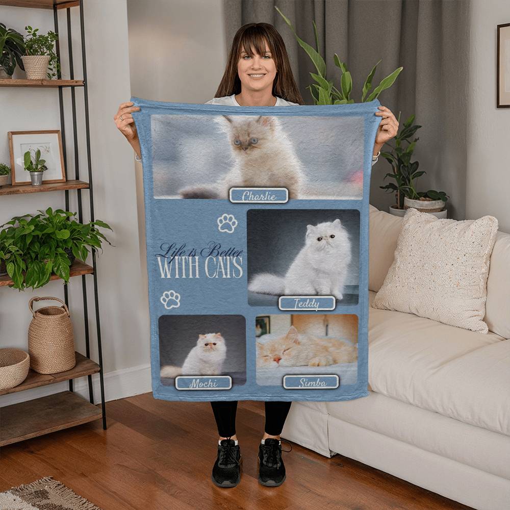 Personalized Multi-Cat Photo Blanket - Custom Cat Collage Fleece Blanket - 2-5 Cats Names & Photos