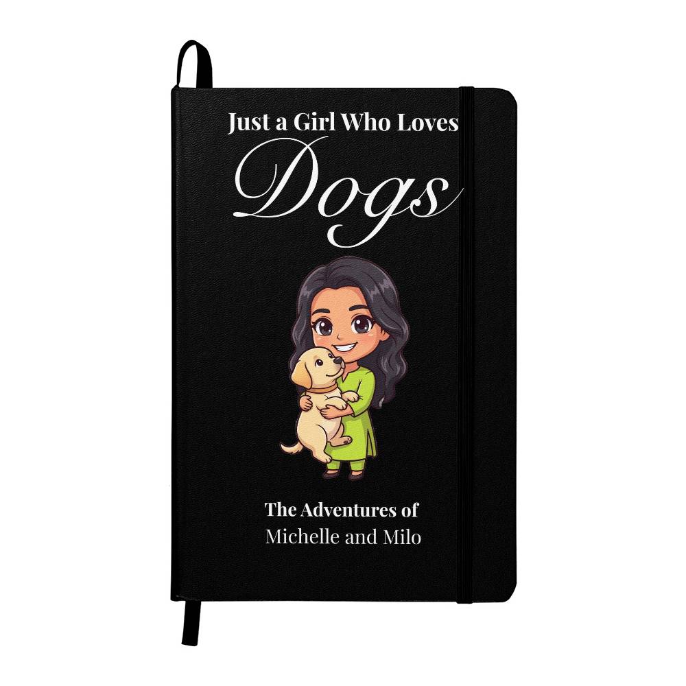 Black notebook with a cartoon illustration of a girl holding a dog and text on the cover.