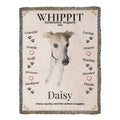 Blanket with a whippet design featuring the word 'Whippit' and descriptive words about the breed. Personalize your Whippit woven blanket with your favorite photo and your dog's name.