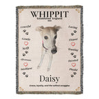 Blanket with a whippet design featuring the word 'Whippit' and descriptive words about the breed. Personalize your Whippit woven blanket with your favorite photo and your dog's name.