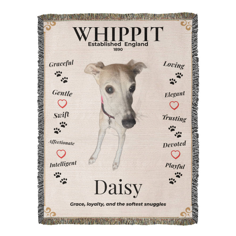 Blanket with a whippet design featuring the word 'Whippit' and descriptive words about the breed. Personalize your Whippit woven blanket with your favorite photo and your dog's name.