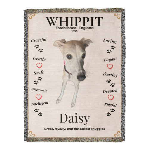 Blanket with a whippet design featuring the word 'Whippit' and descriptive words about the breed. Personalize your Whippit woven blanket with your favorite photo and your dog's name.