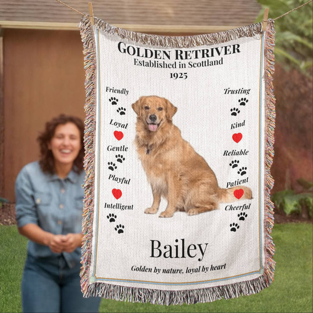 woven Blanket with a Golden Retriever design featuring personalized with the name 'Bailey' and descriptive text, held by a person outdoors.  Personalized with dogs photo.