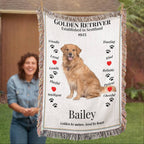 woven Blanket with a Golden Retriever design featuring personalized with the name 'Bailey' and descriptive text, held by a person outdoors.  Personalized with dogs photo.