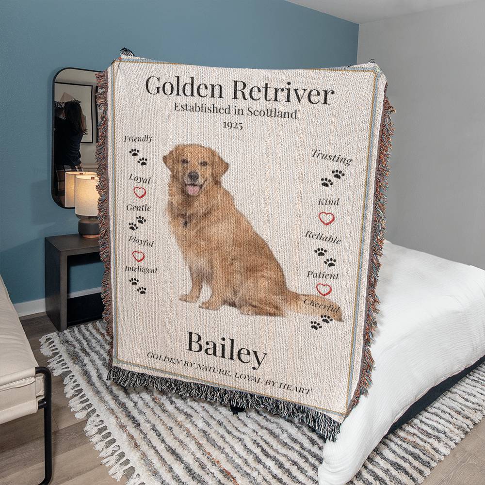 Blanket with a Golden Retriever design and text in a room setting.  Personalized with name and photo of dog.
