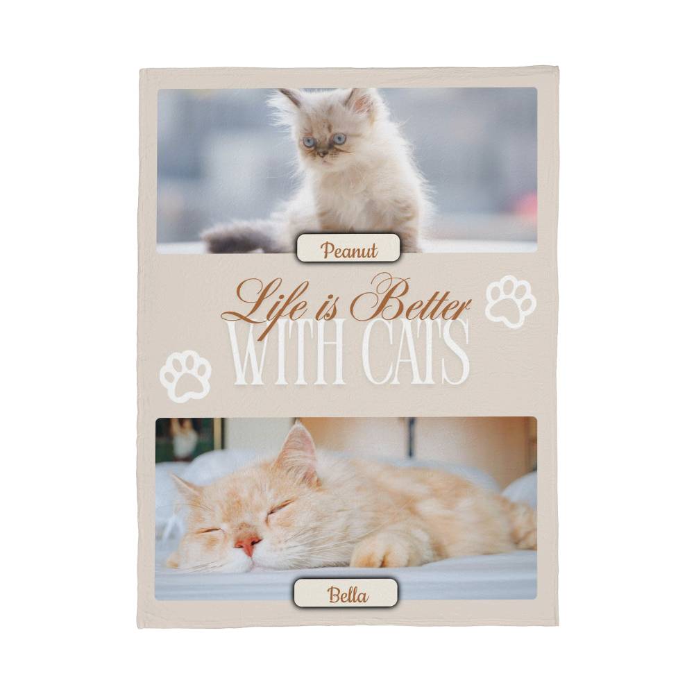 Personalized Multi-Cat Photo Blanket - Custom Cat Collage Fleece Blanket - 2-5 Cats Names & Photos