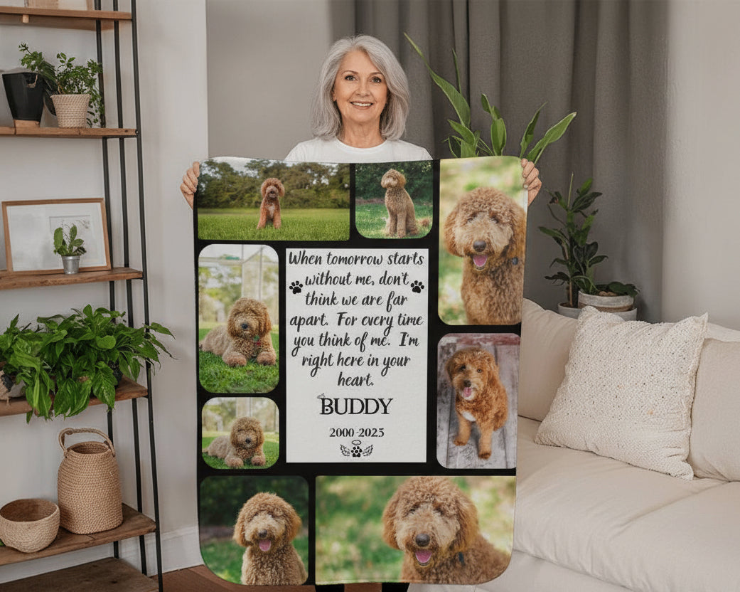 Person holding a blanket with multiple images of a dog and text in a living room.