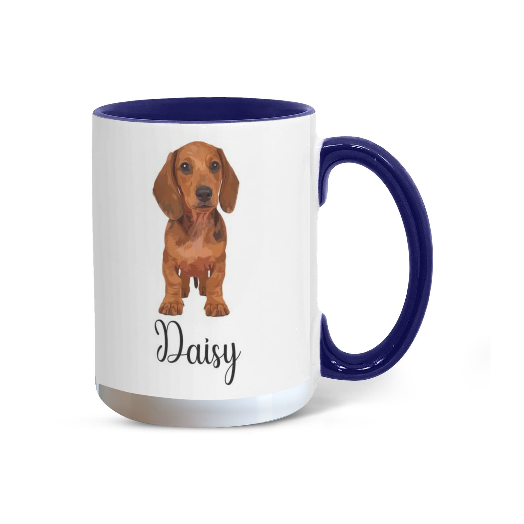 Mug with a dachshund illustration and the name 'Daisy' on a white background