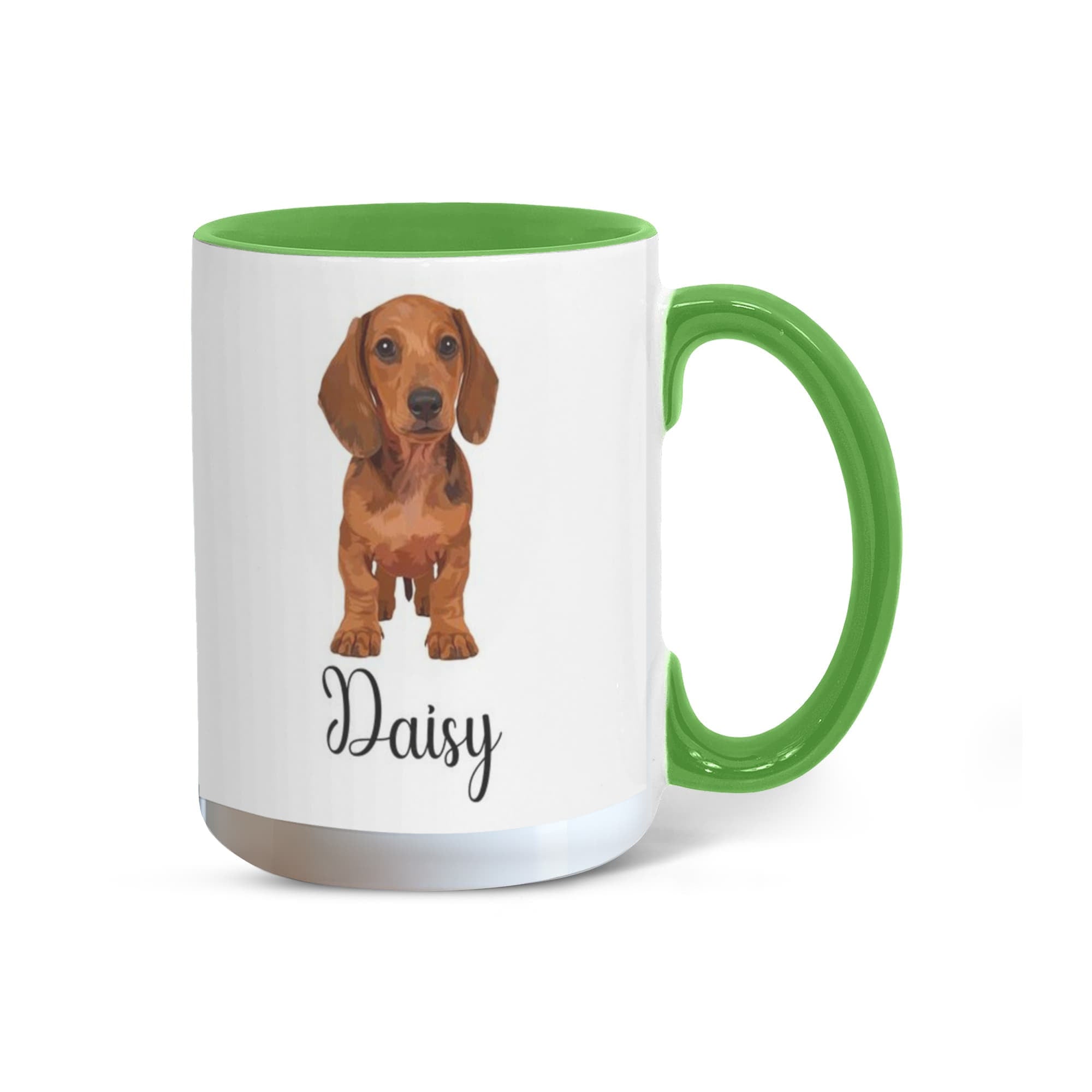 Mug with a dachshund illustration and 'Daisy' text on a white background