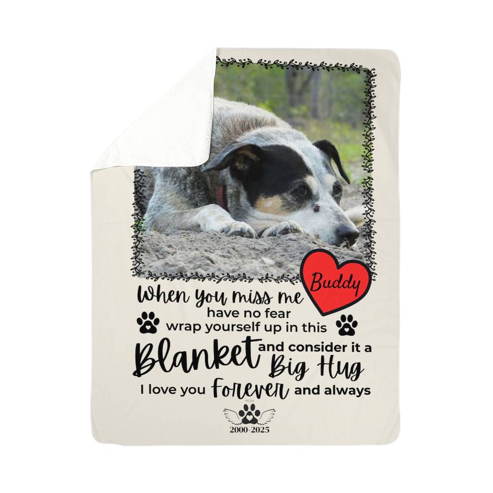 Personalized blanket with a dog photo and text message on a white background