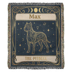 Blanket with decorative design of a pitbull tarot card and personalized with the name 'Max' on a blue background
