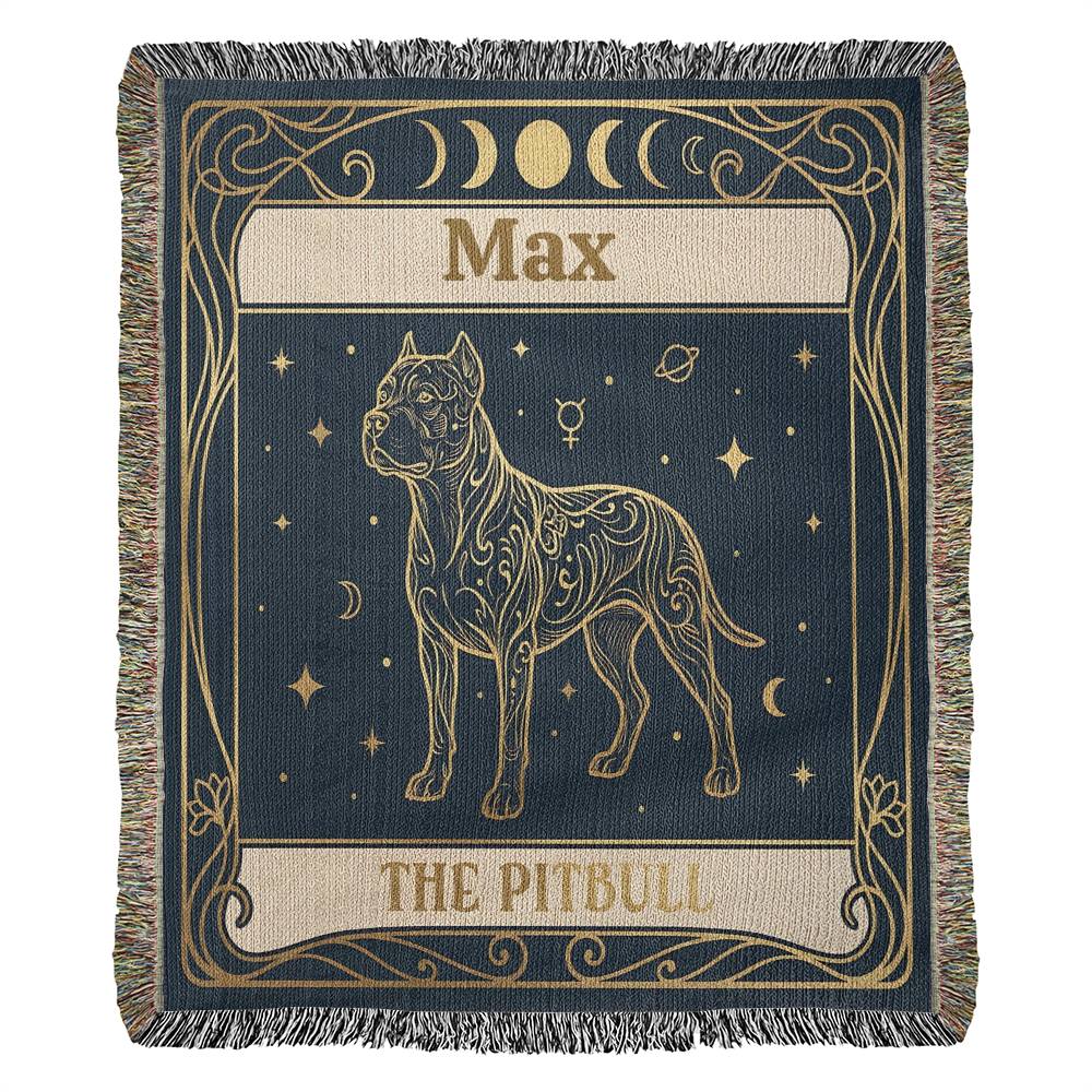 Blanket with decorative design of a pitbull tarot card and personalized with the name 'Max' on a blue background