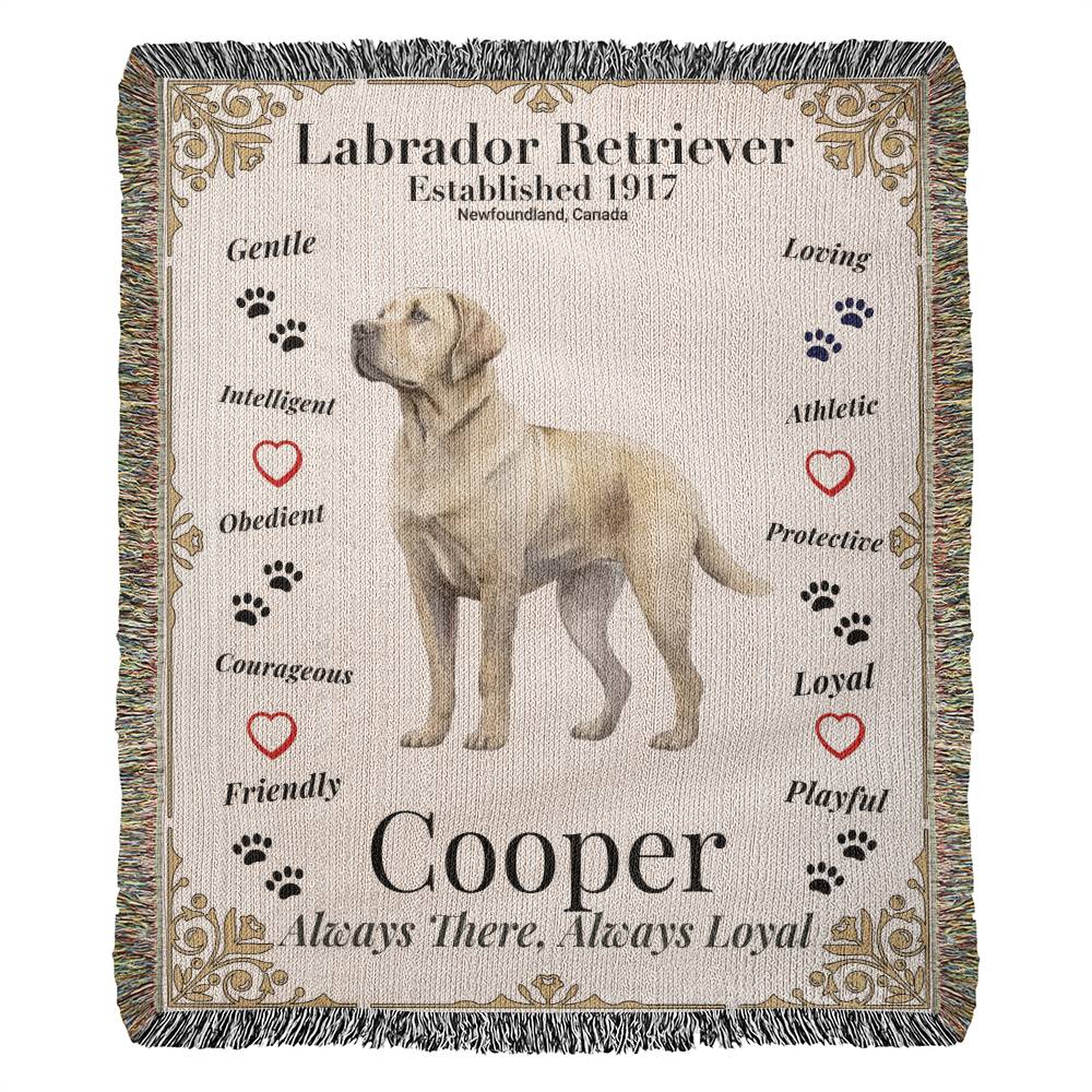 Woven blanket with a Labrador Retriever design, featuring text and graphics on a beige background.  Personalize your Labrador Retriever woven blanket with your dog's photo and name.