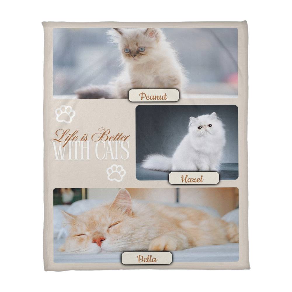 Personalized Multi-Cat Photo Blanket - Custom Cat Collage Fleece Blanket - 2-5 Cats Names & Photos