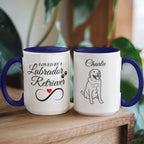 Two mugs with blue interior and handle, one featuring text and the other a dog illustration, on a wooden surface.