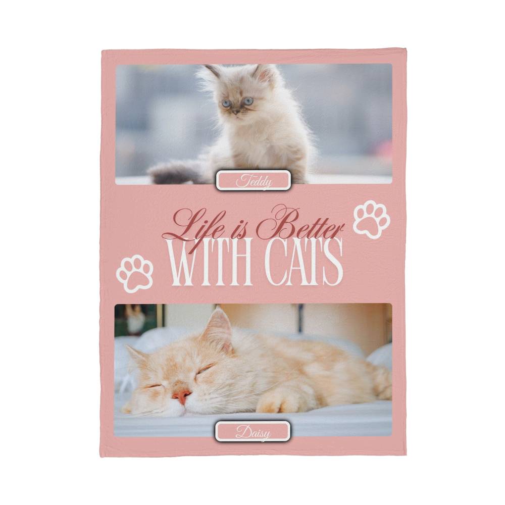 Personalized Multi-Cat Photo Blanket - Custom Cat Collage Fleece Blanket - 2-5 Cats Names & Photos