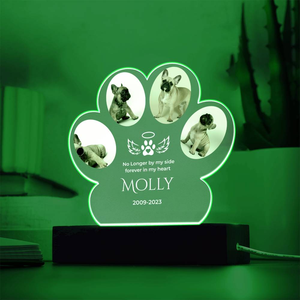 🐾 Personalized Pet Memorial Paw Acrylic Plaque with LED Base – Custom Dog Photo Light Keepsake
