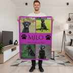 Person holding a purple blanket with dog photos and text in a living room.