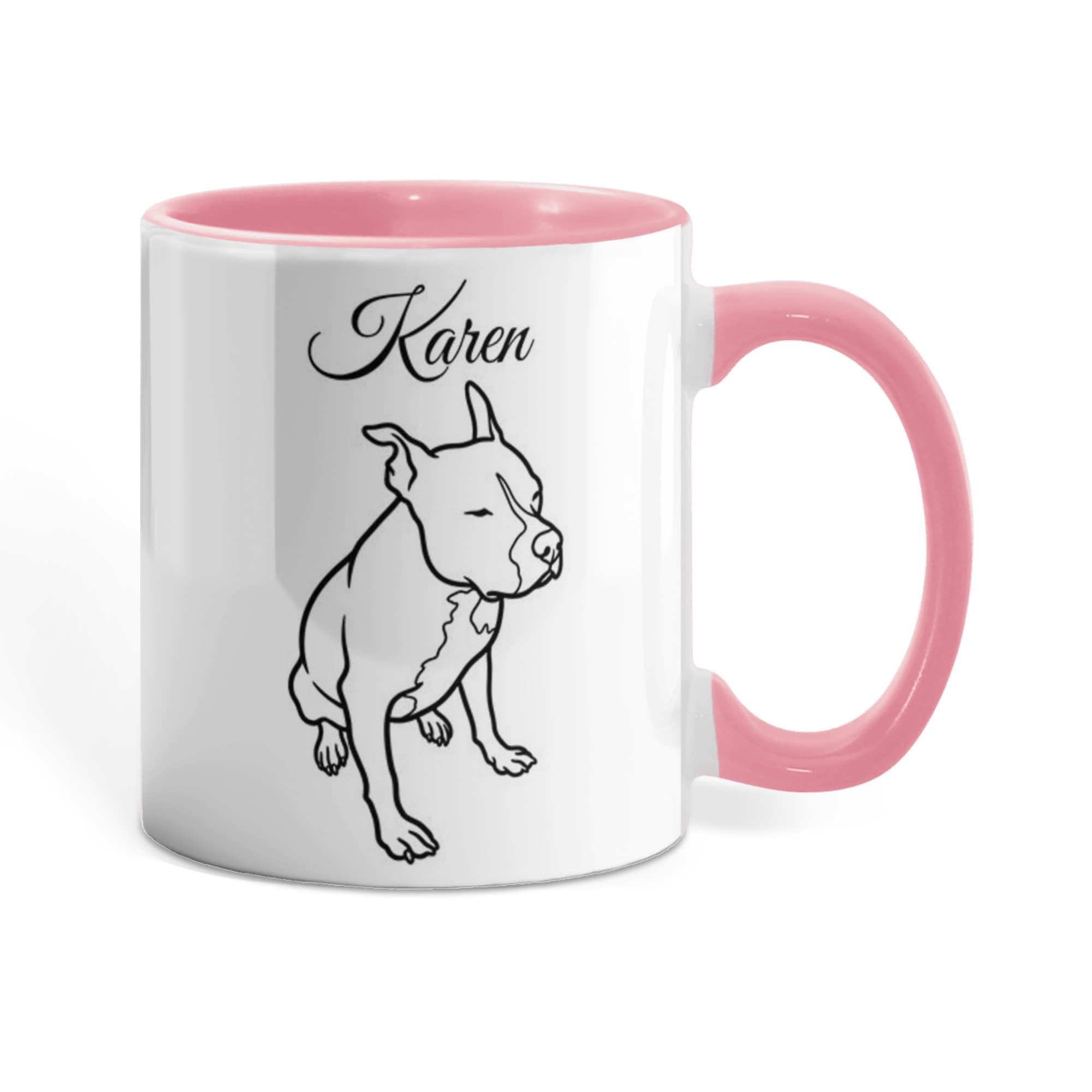 Mug with a dog illustration and 'Karen' text, pink handle and inside