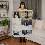 Person holding a large photo blanket with images of a dog named Walter in a living room setting.