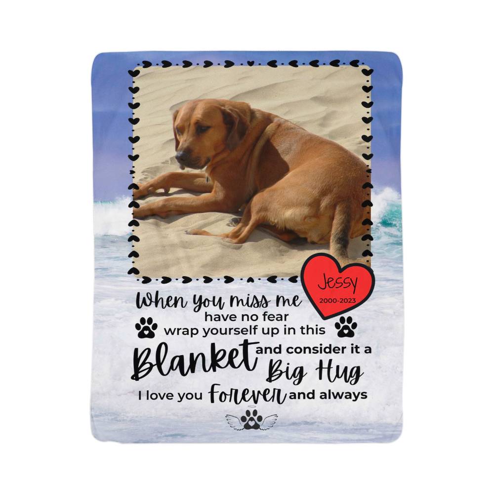 Personalized blanket with a dog photo and sentimental text on a white background