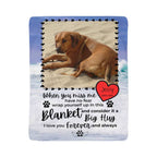 Personalized blanket with a dog photo and sentimental text on a white background