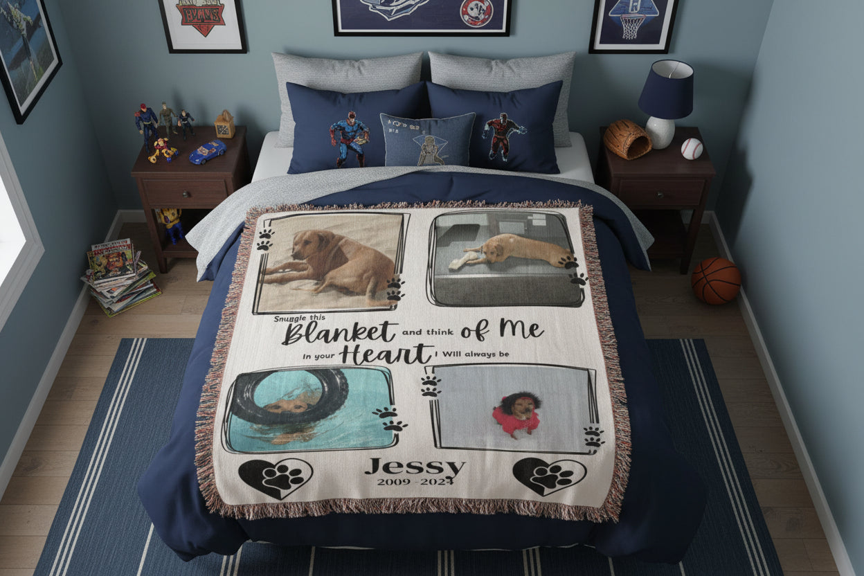 Blanket with pet photos and text on a bed in a bedroom setting