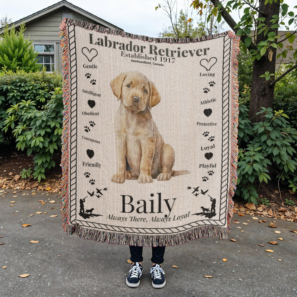Person holding a woven blanket with a Labrador Retriever design and text outdoors. Personalized with the name and photo of a Labrador dog.
