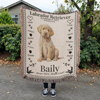 Person holding a woven blanket with a Labrador Retriever design and text outdoors. Personalized with the name and photo of a Labrador dog.