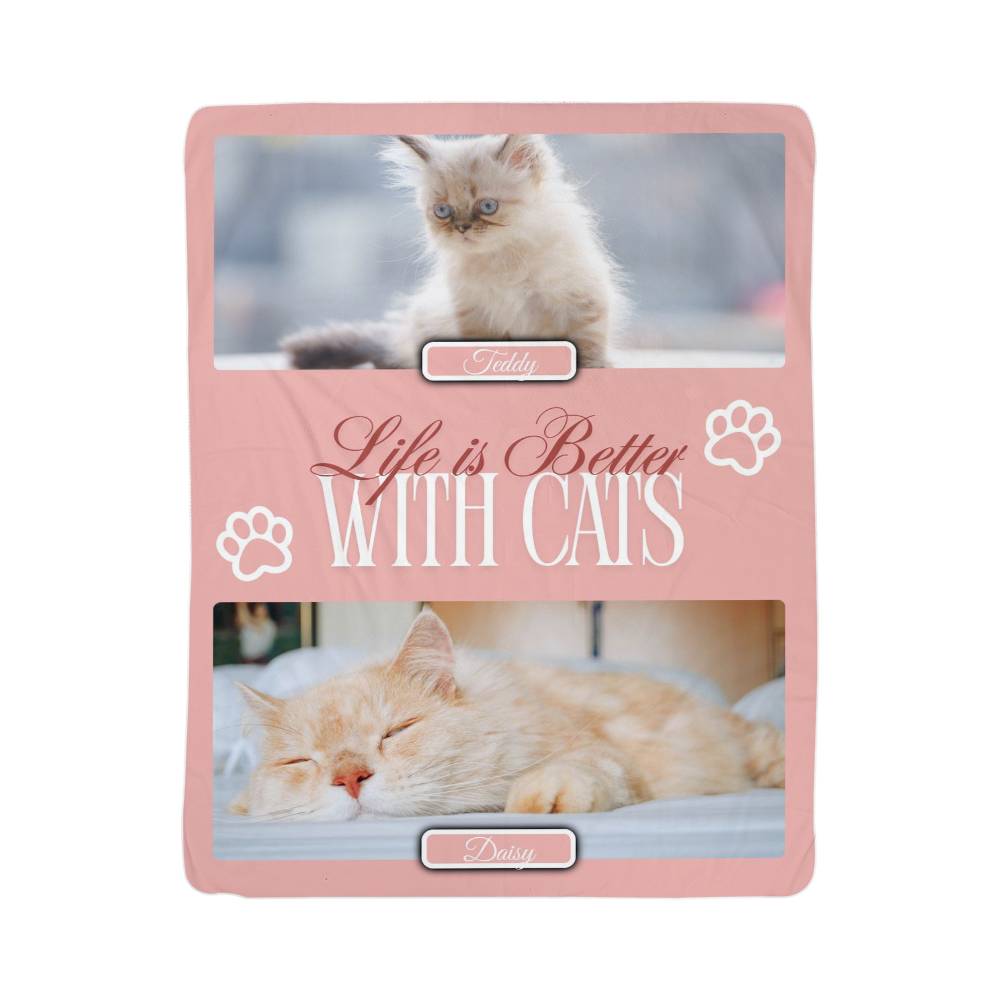 Product packaging with images of cats and text 'Life is Better With Cats' on a pink background.