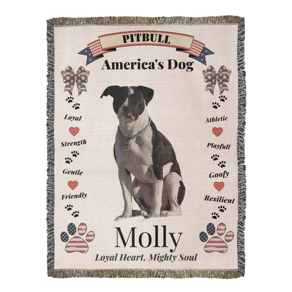 Pitbull-themed blanket with text and graphics on a white background.  Personalize your favorite picture of your Pitte on this custom woven blanket with their name.